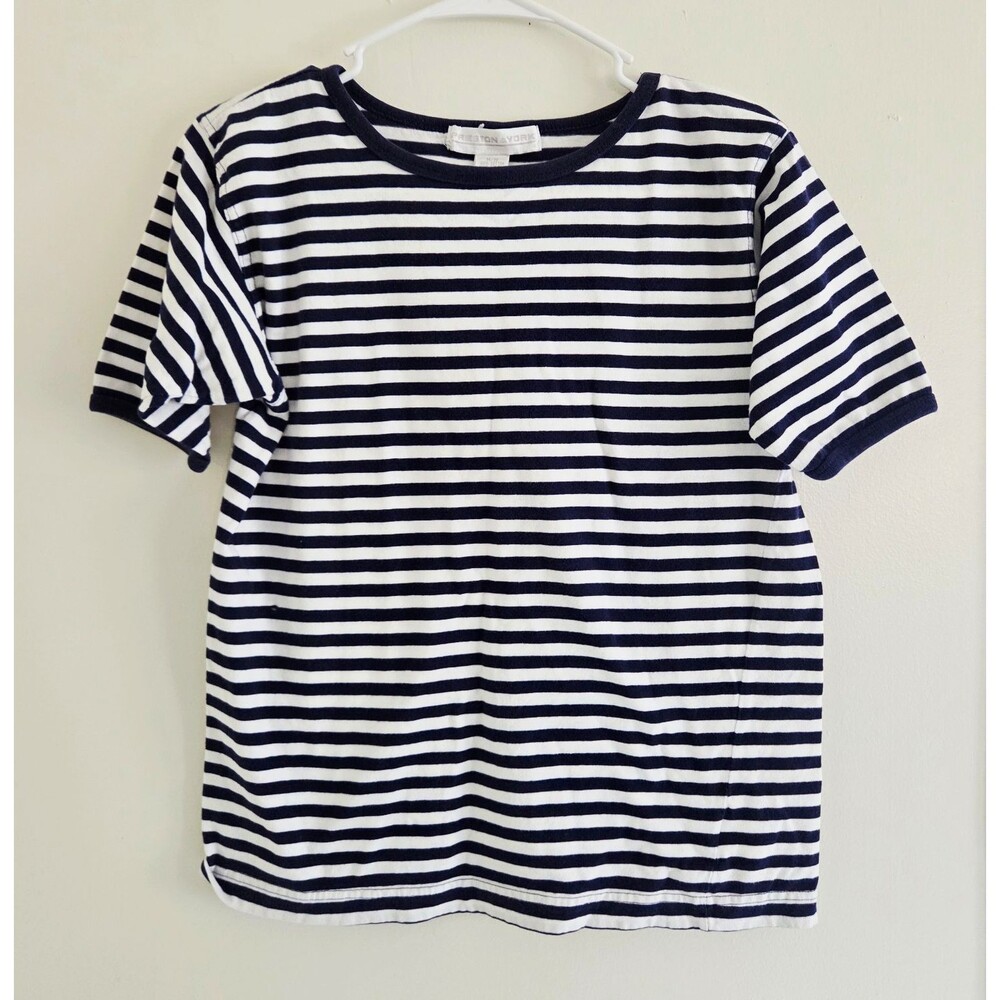 Preston & York womens M Navy/White Striped Ringer Crew Neck Cotton Jersey Tee